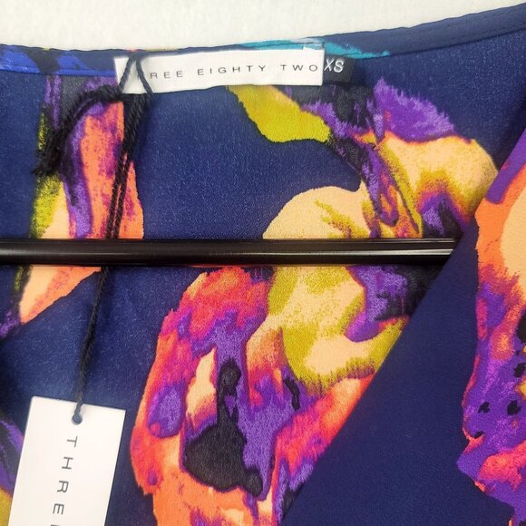Three Eighty Two XS Navy Floral Long Sleeve Faux Wrap Blouse Vibrant Multicolor - Picture 3 of 9